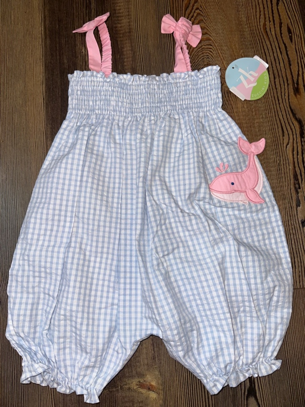 Zuccini Kids Gingham Baby Romper with Pink Whale Applique